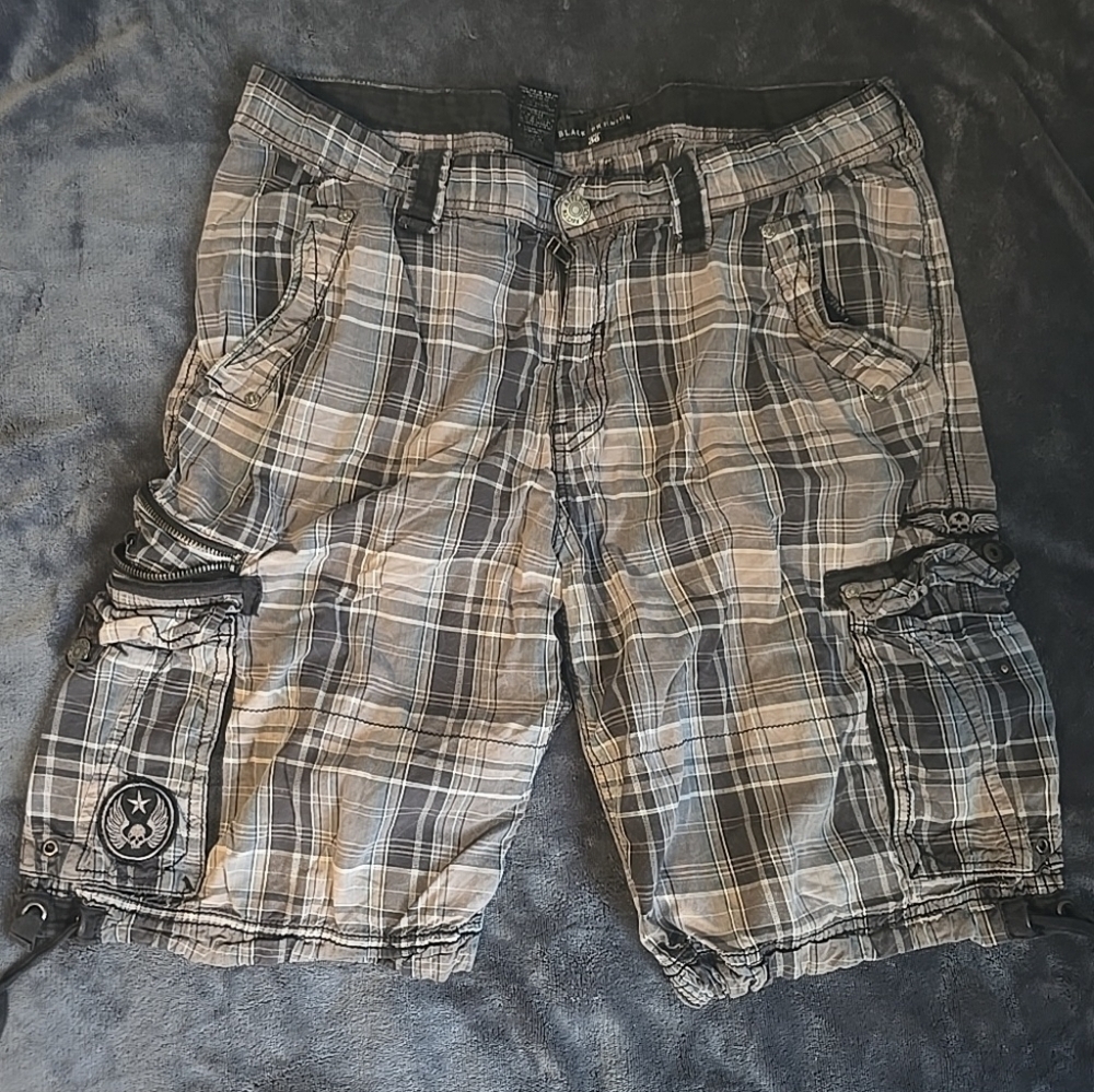 Affliction Black Premium Plaid Cargo Shorts Mens Sz 36 Multi-Pocket Y2K